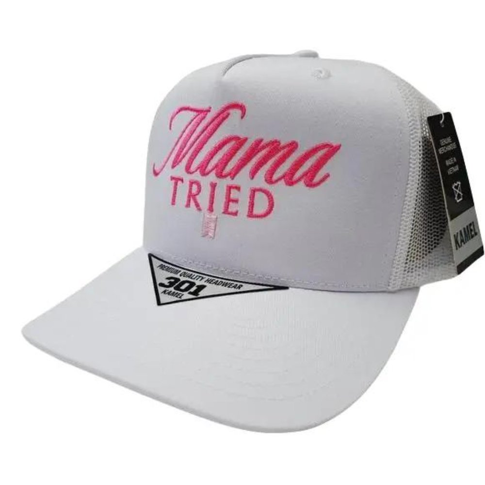 Retro Vintage Style Rebel Funny Hat Mama Tried Trucker Mesh Snapback White USA E